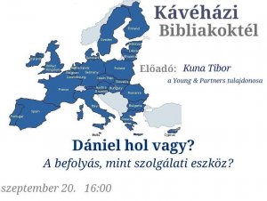 Kávézházi Bibliakoktél  következő témája: Dániel hol vagy?  - A befolyás, mint szolgálati eszköz? Előadó: Kuna Tibor, a Young & Partners tulajdonosa 2015. szeptember 20. (vasárnap) 15.30-tól: kapunyitás, lounge 16:00 órától: „Bibliakoktél" Bővebben: - Lehet-e a befolyás, a hatalom szolgálati eszköz?  - Merünk-e beszélni olyan dolgokról, mint hatalom, befolyás, pénz vagy ezek örökre tabu témák maradnak? - Mit kezdjünk a hatalom, a befolyás, a siker megítélésével, ha azt gondoljuk nincs benne részünk? -S mit kezdjünk vele, ha van? Tabukat döntögető előadás egy csésze kávé mellett. Szeptember 20. 16:00! – itt: Paulay Ede utca 15.